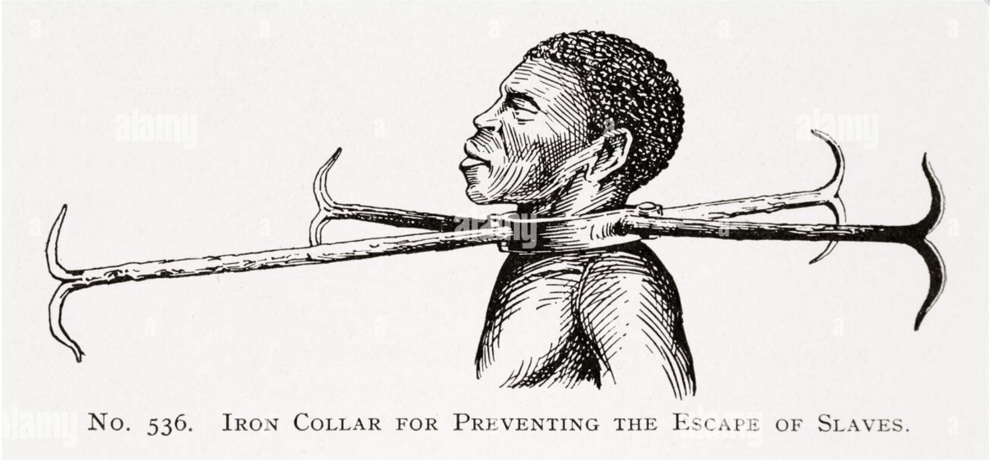 Textbook drawing of a man in an iron collar with long handles labeled "Iron Collar for Preventing the Escape of Slaves"