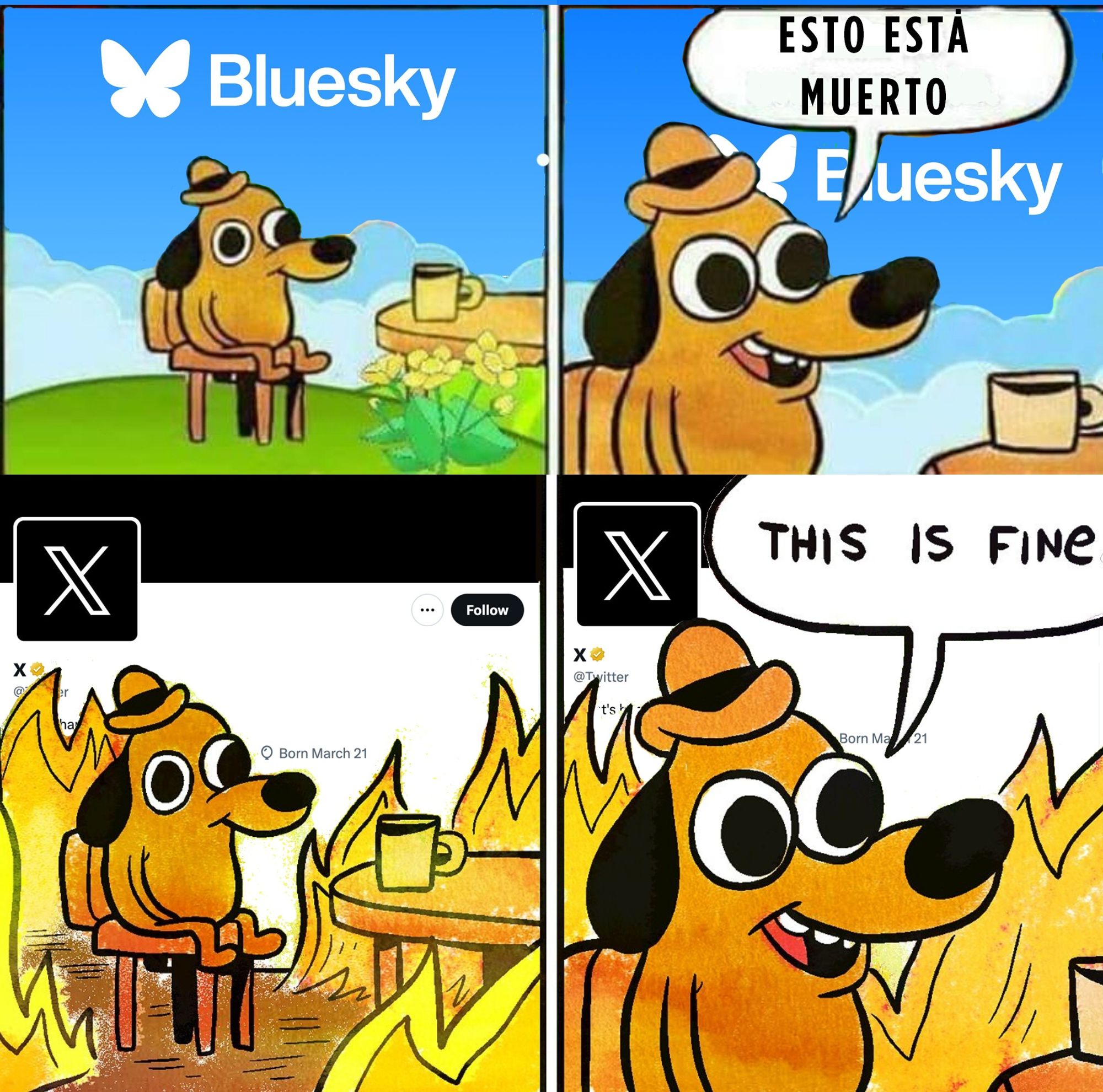 Meme con perro this is fine rodeado de llamas en twitter diciendo "this is fine" y mismo perro con un cielo azul en BlueSky diciendo "Esto está muerto"