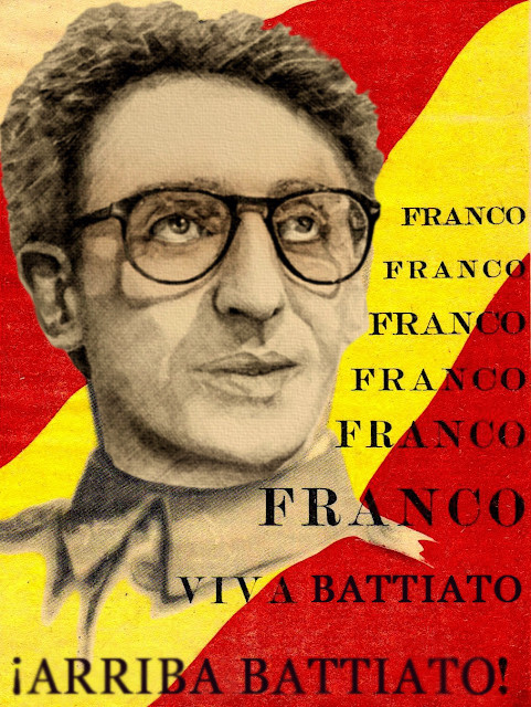 Cartel con la cara de Battiato y el texto: Franco, Franco. Viva Battiato. Arriba Battiato.