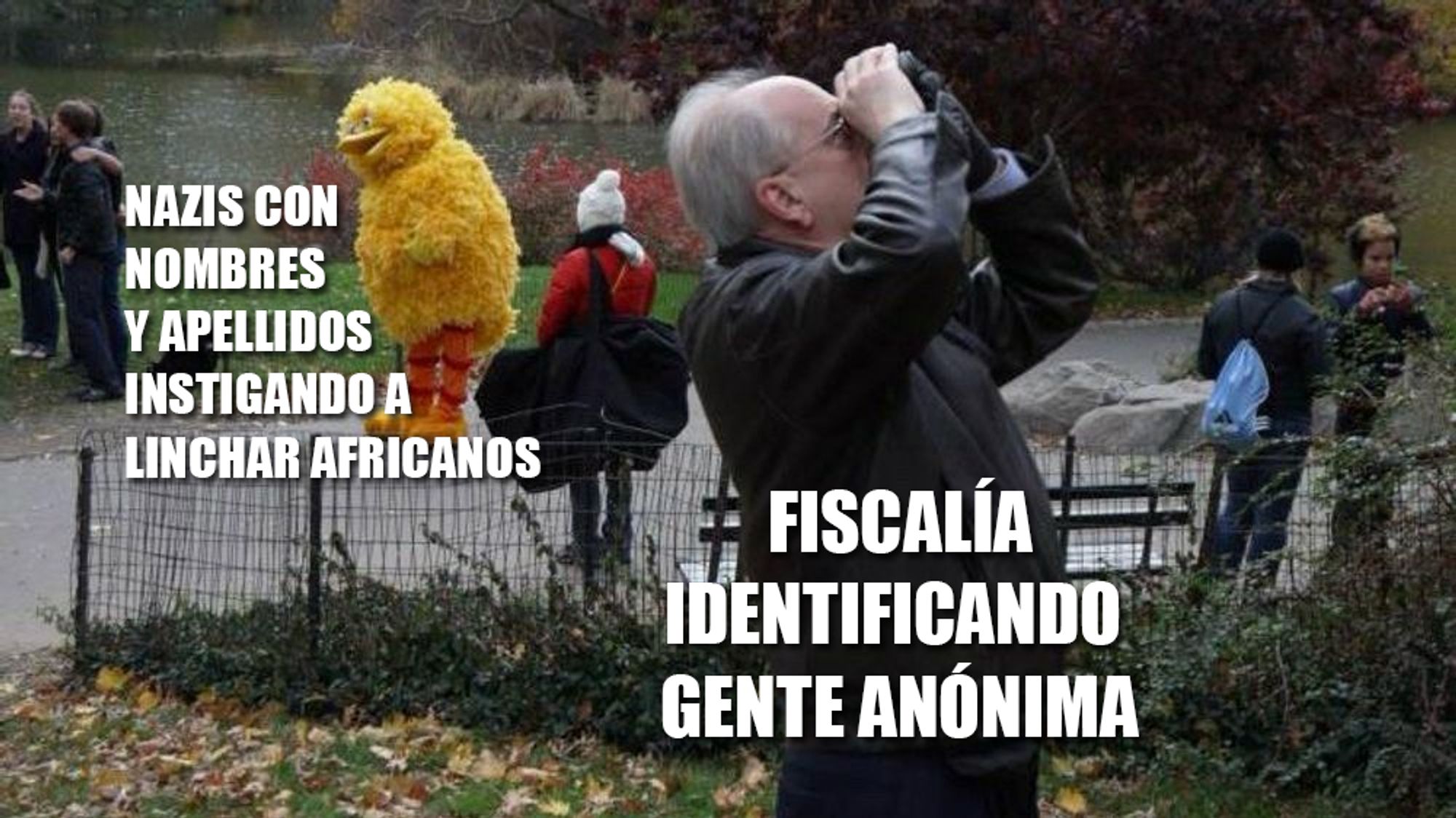 Hombre en primer plano ( con el texto: Fiscalía identificando gente anónima) mirando con prismáticos en dirección contraria al espectáculo con una persona disfrazada de pájaro (con el texto: nazis con nombres y apellidos instigando a linchar africanos).