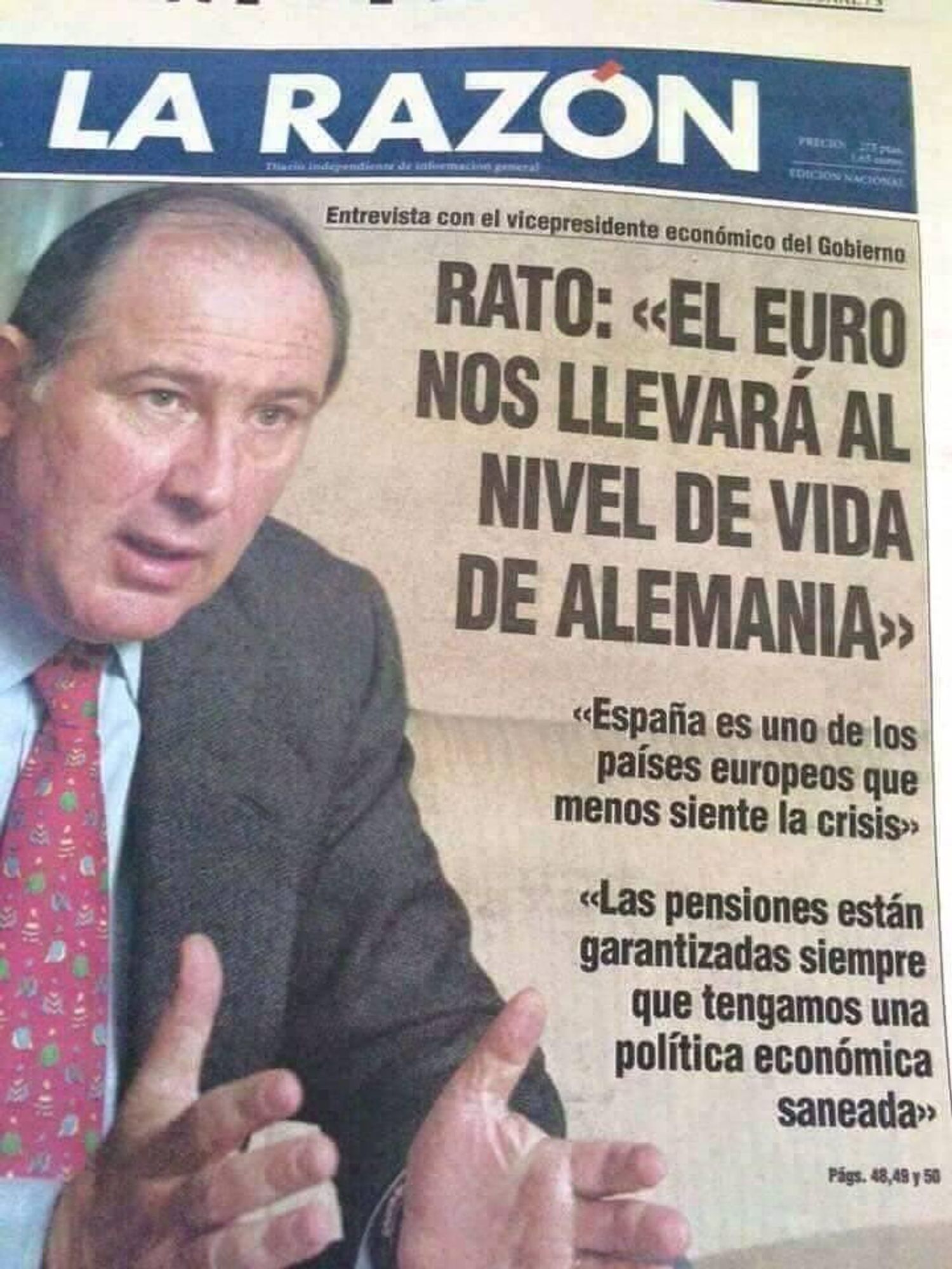 Portada del periódico La Razón de 1999 con titular y foto de Rodrigo Rato: "El euro nos llevará al nivel de vida de Alemania".