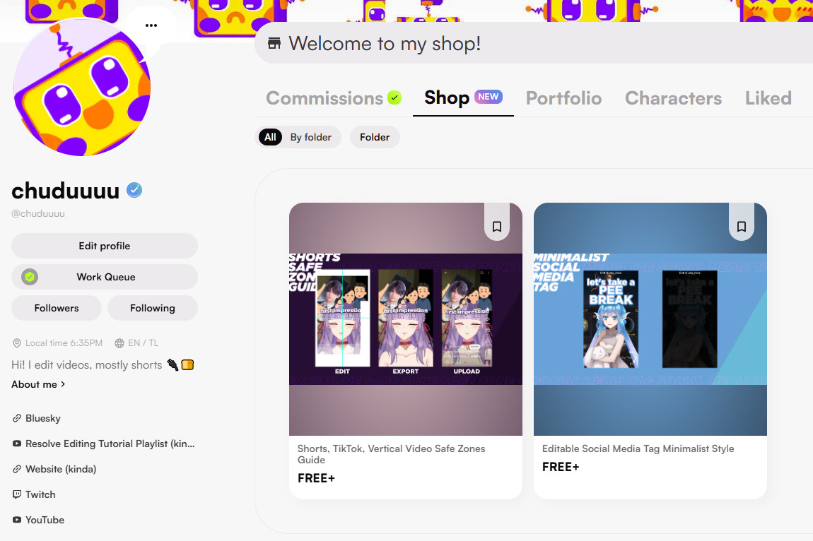 Screenshot. VGen page of chuduuuu featuring the 'Shop' tab. 2 free digital products are added:

1. Shorts, TikTok, Vertical Video Safe Zones Guide
2. Editable Social Media Tag Minimalist Style