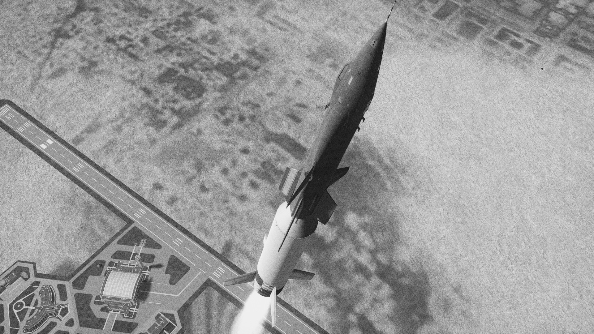 X-15 space plane stacked on top of Jupiter missile soars above the Kerbal space center