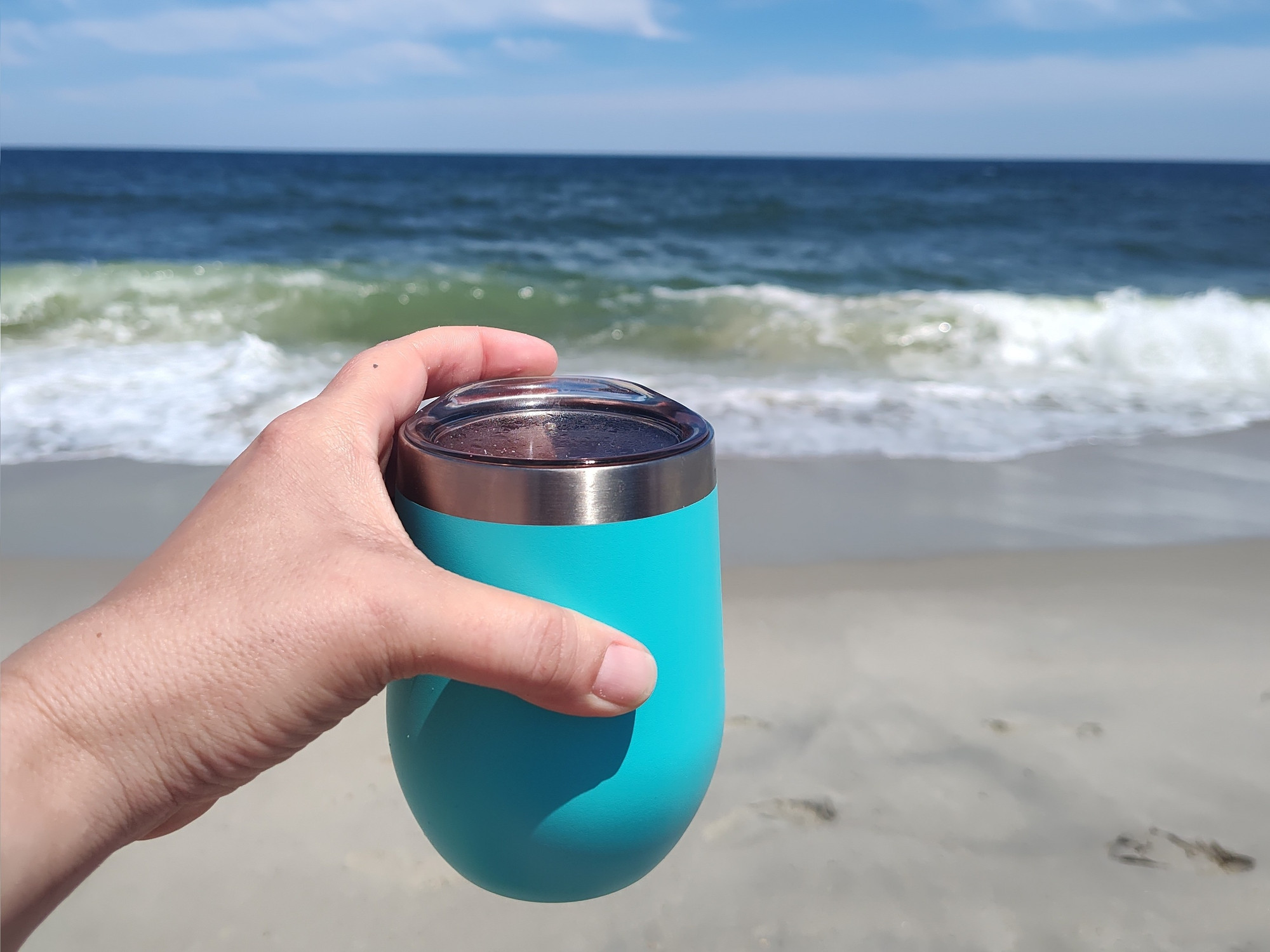 Beach, adult sippy cup, waves, sand, sun