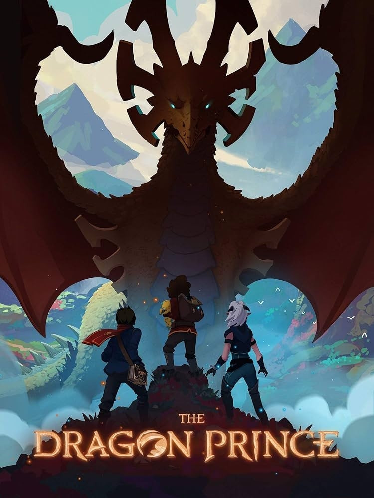 Poster conceptual del primer acto de la serie de Netflix "El Príncipe Dragón" (Temporadas 1, 2 y 3), donde 2 príncipes humanos y una guerrera elfa buscan devolver al huevo/Príncipe de vuelta a su madre, la Reina de los Dragones, para acabar con una guerra centenaria entre los Humanos y las Criaturas Fantásticas del continente.