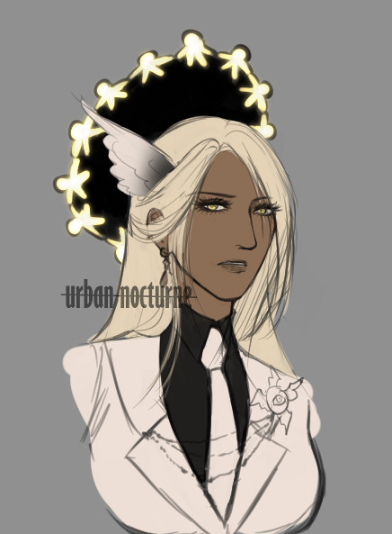 Sketch of Duha, an angel with wings on her head and a halo shaped like a ring of humanoid figures surrounding a black hole. She is wearing a suit and has an annoyed expression. 