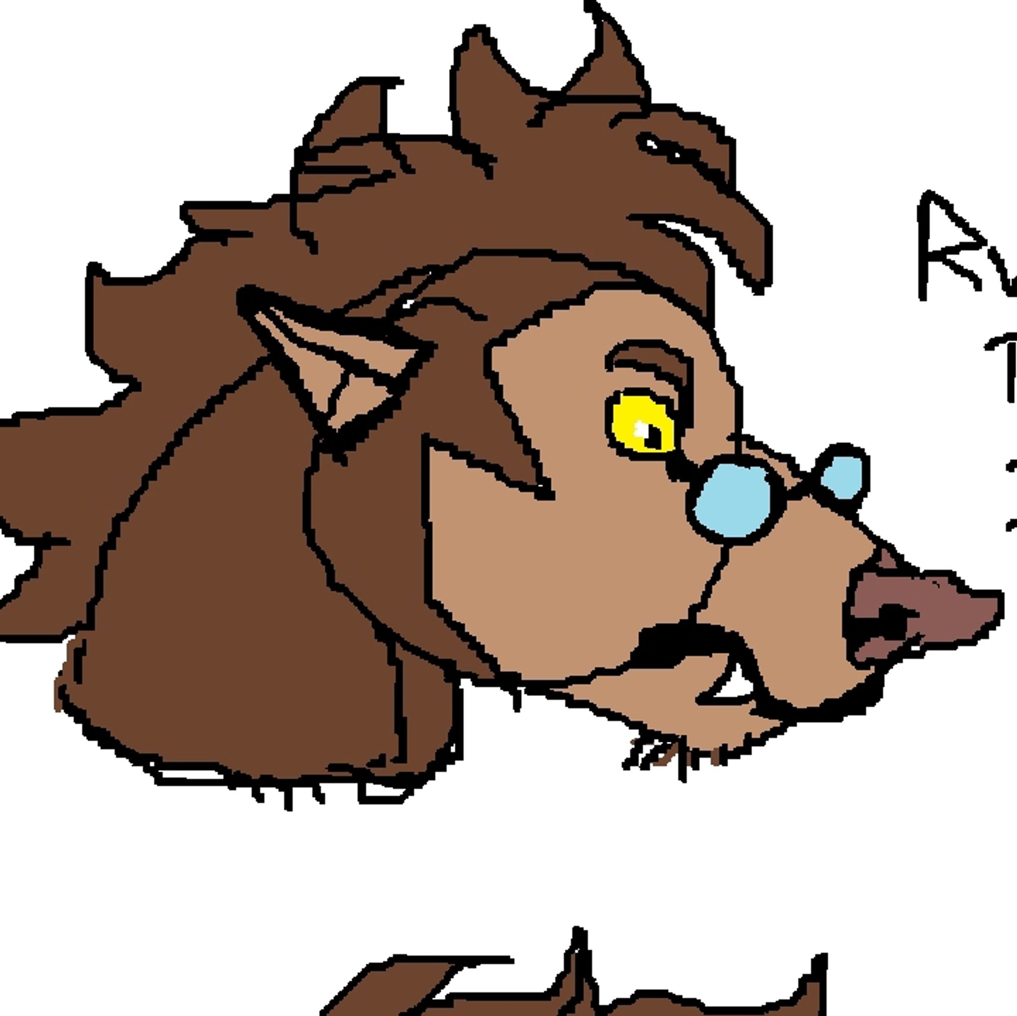 A simple doodled headshot of a brown-furred canid creature with yellow eyes and a pointed rat-like nose. It is wearing eyeglasses.