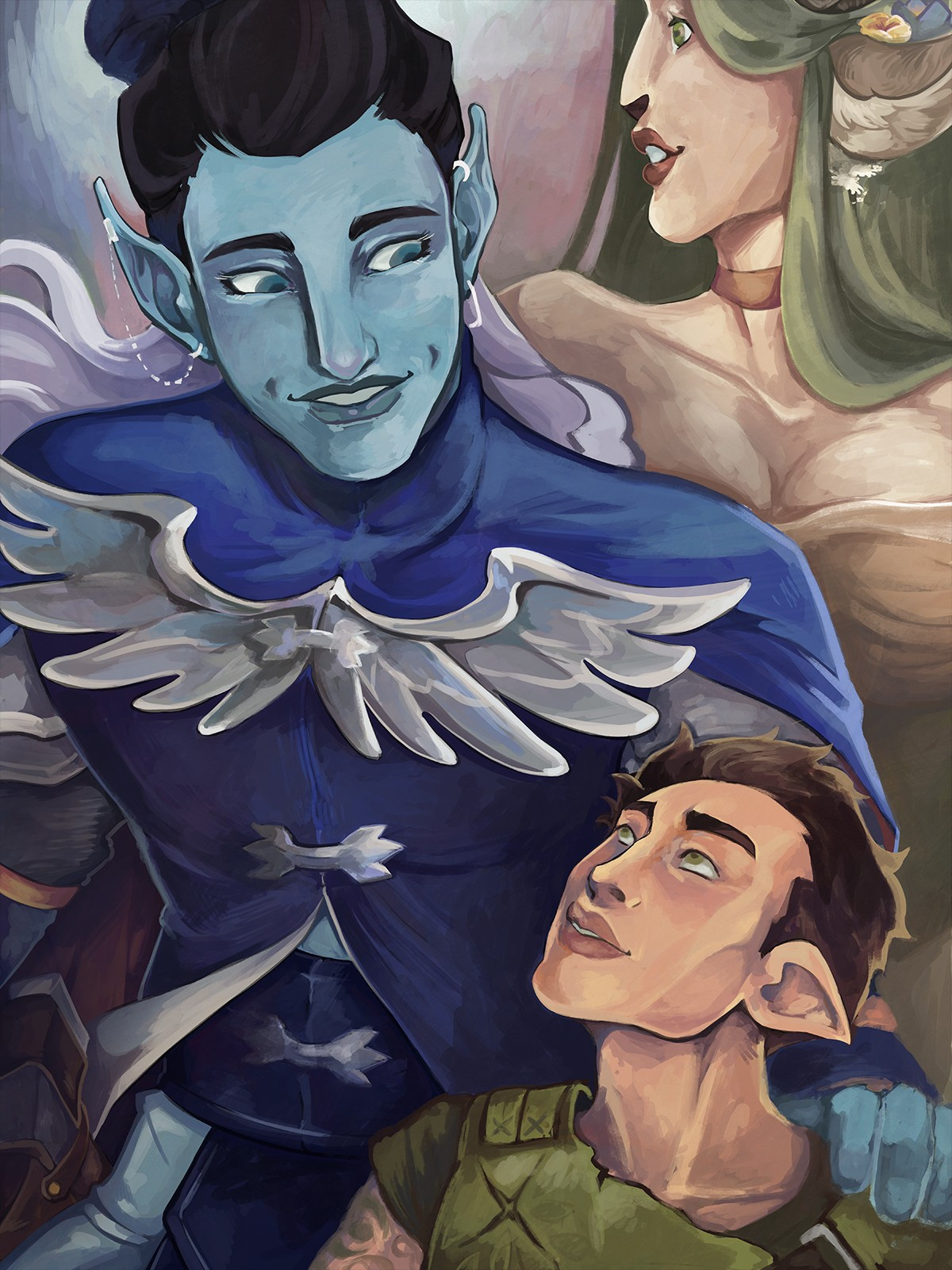 Critical Role C3 fanart. Dorian looks down at Orym with a hand on his shoulder. Behind them, Fearne looks off to the side