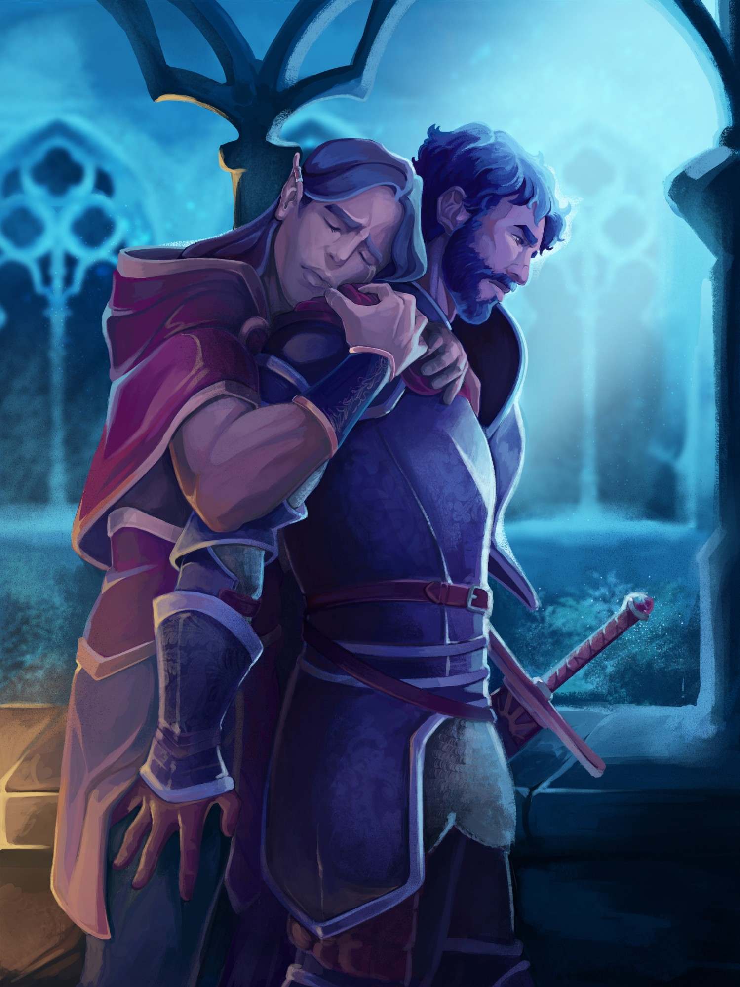 An elven man in robes hugs a human man in armour from behind at night in a cloister. 