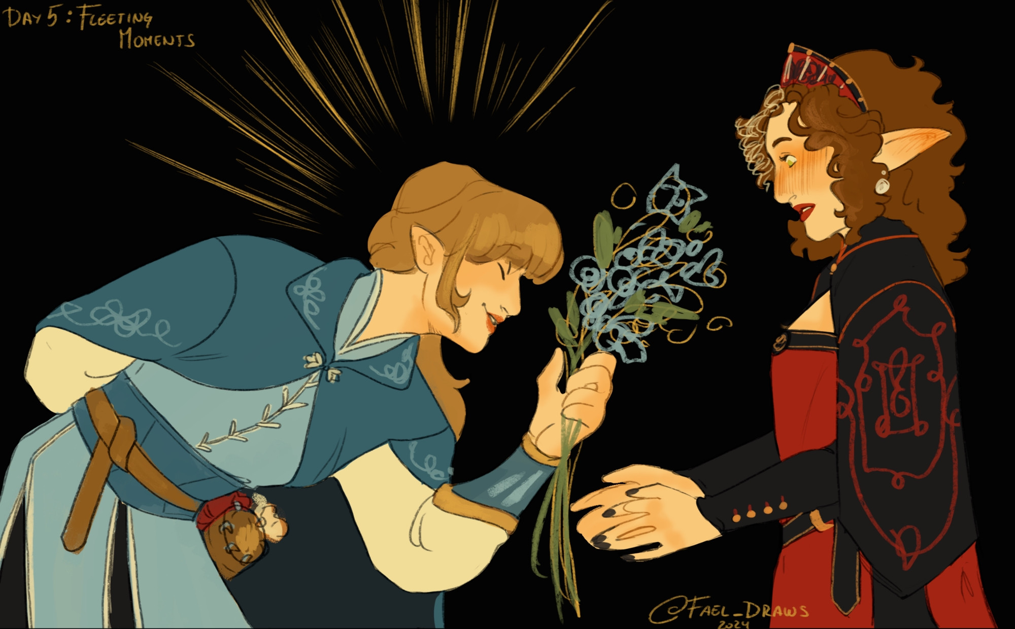 A smiling blonde woman with pointy ears dressed in blue adventuring gear bows and offers a bunch of flowers to a blushing noblewoman wearing a black and red dress 