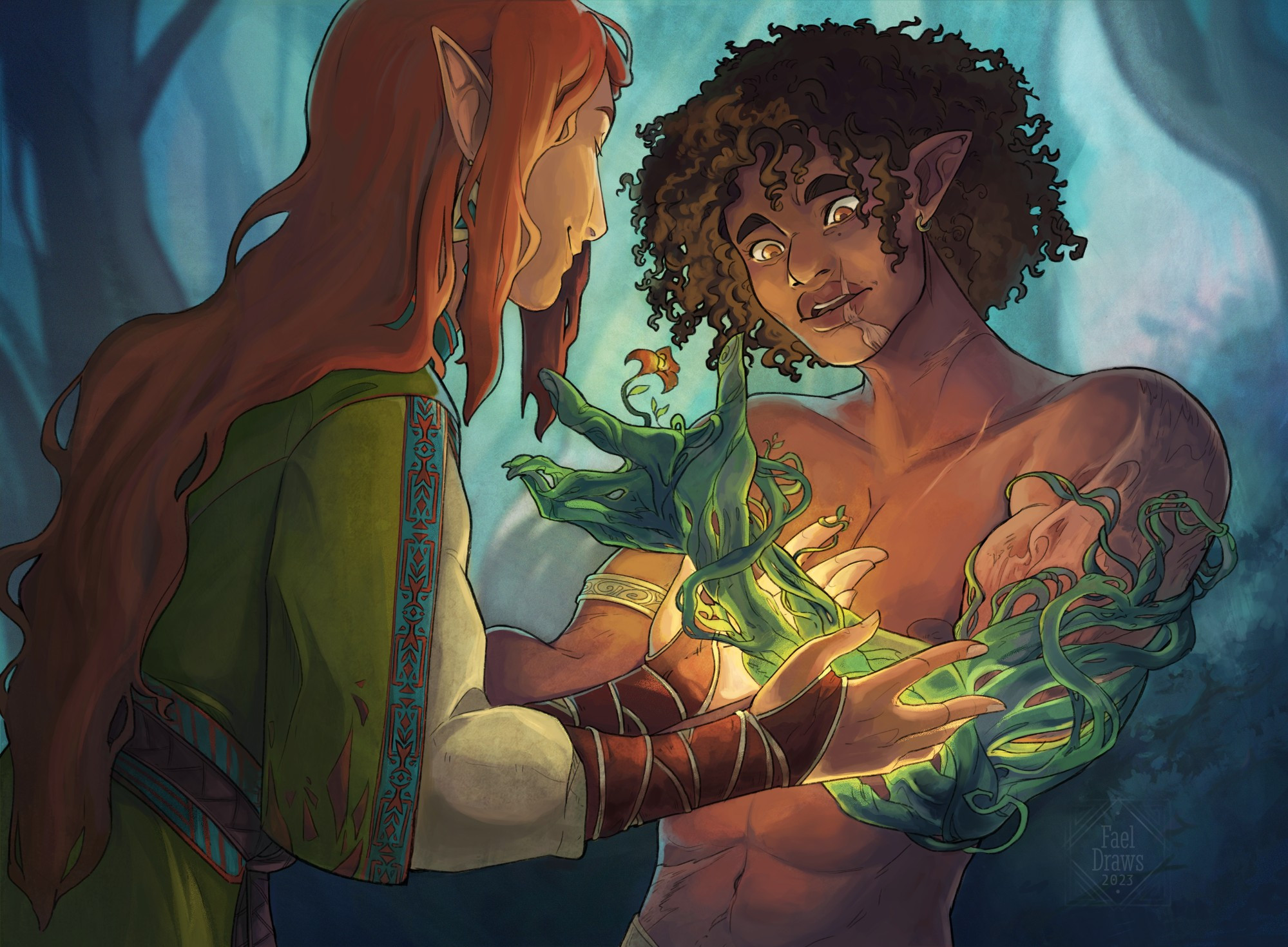 MTG-style illustration. A redhead elf with wavy hair dressed in green grows an arm made of vines on an elf with coily brown hair and heavy scarring around the missing arm. 