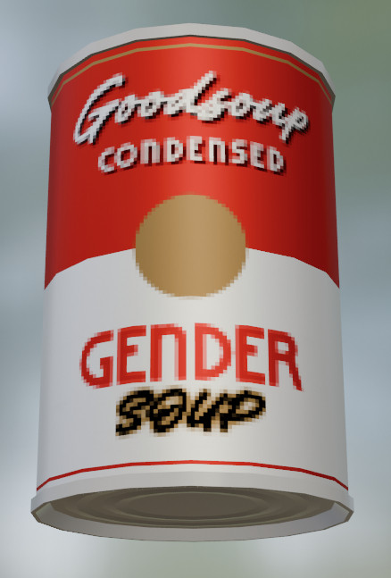 The Goodsoup Condensed Gender Soup (not a real product) prop for Know Your Pride.