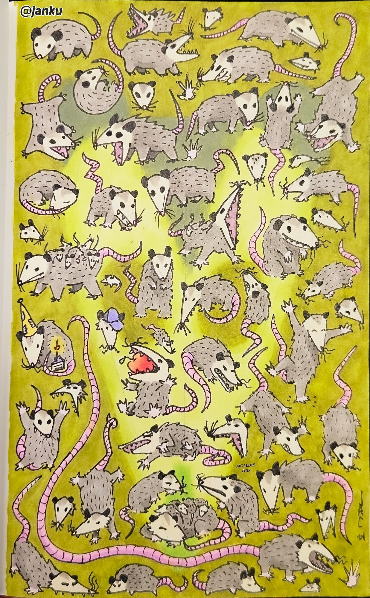 Ink and marker on paper.

Full page collage of small opossum drawings. The possums are grey/white/pink. The background is olive green with the silhouette of a opossum face in the center.