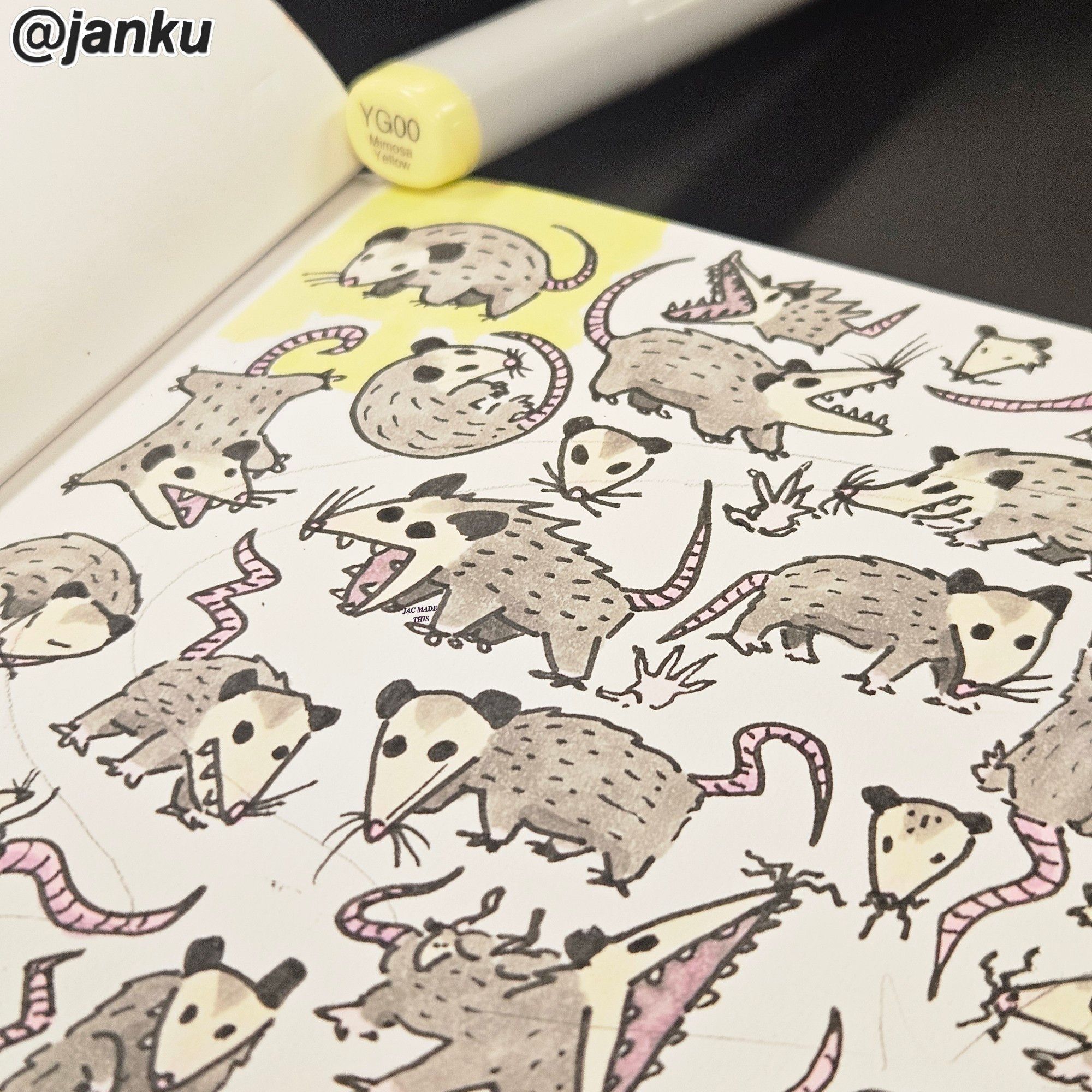 Ink, marker and graphite on paper.

Angled photo of a sketchbook page filled with sketches of opossums. Possums are colored grey, pink and beige. A YG00 copic marker is leaning on the page. Some yellow background is filled in on the top left.