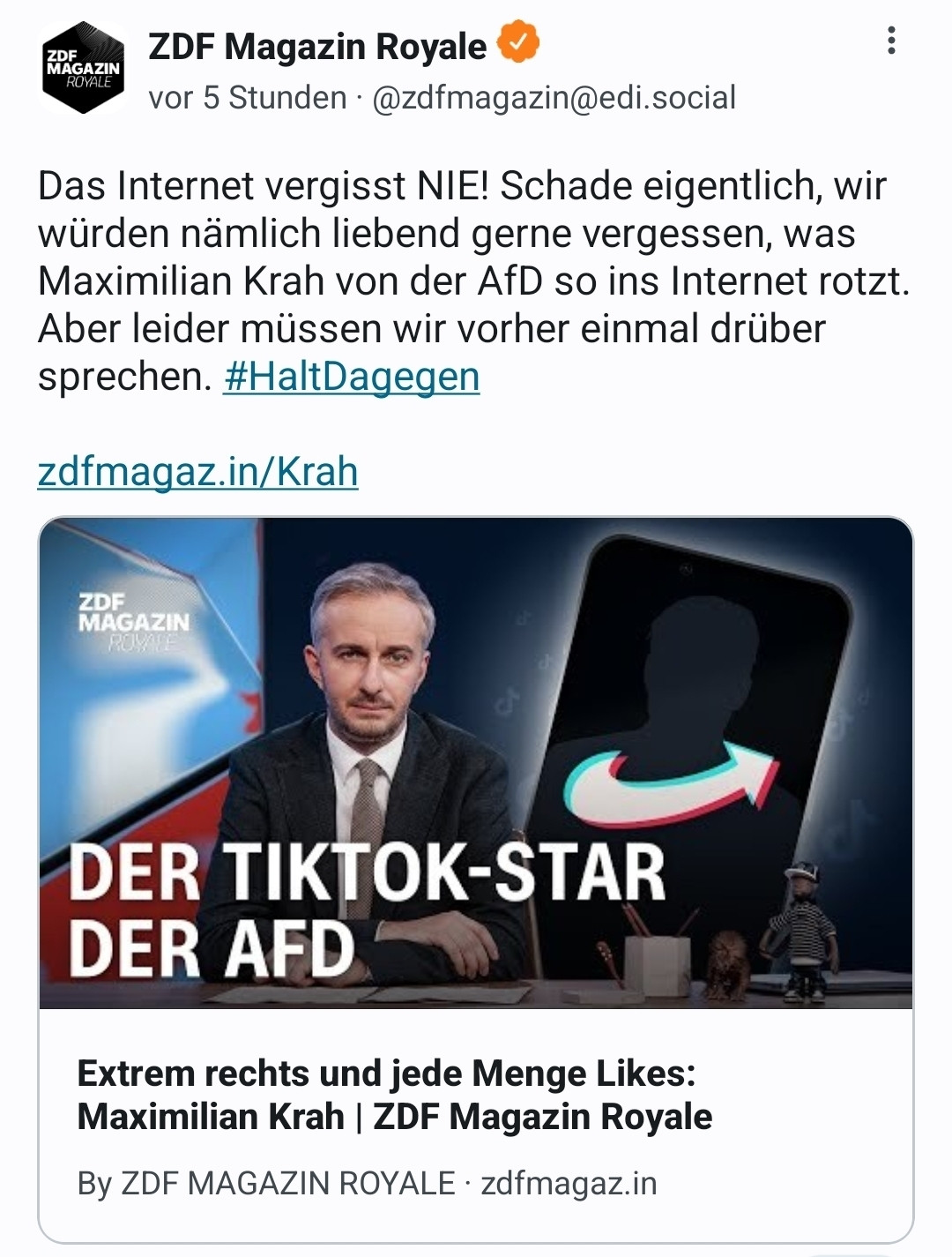 Wieder eine hervorragende Sendung von 
@zdfmagazin und @janboehm über die AFD und speziell ihren Spitzenkandidaten für das Europaparlament.

https://youtu.be/K3O_-Mjls_Q?feature=shared

#haltdagegen 
#noafd
#gegenrechts
#Wellebrechen