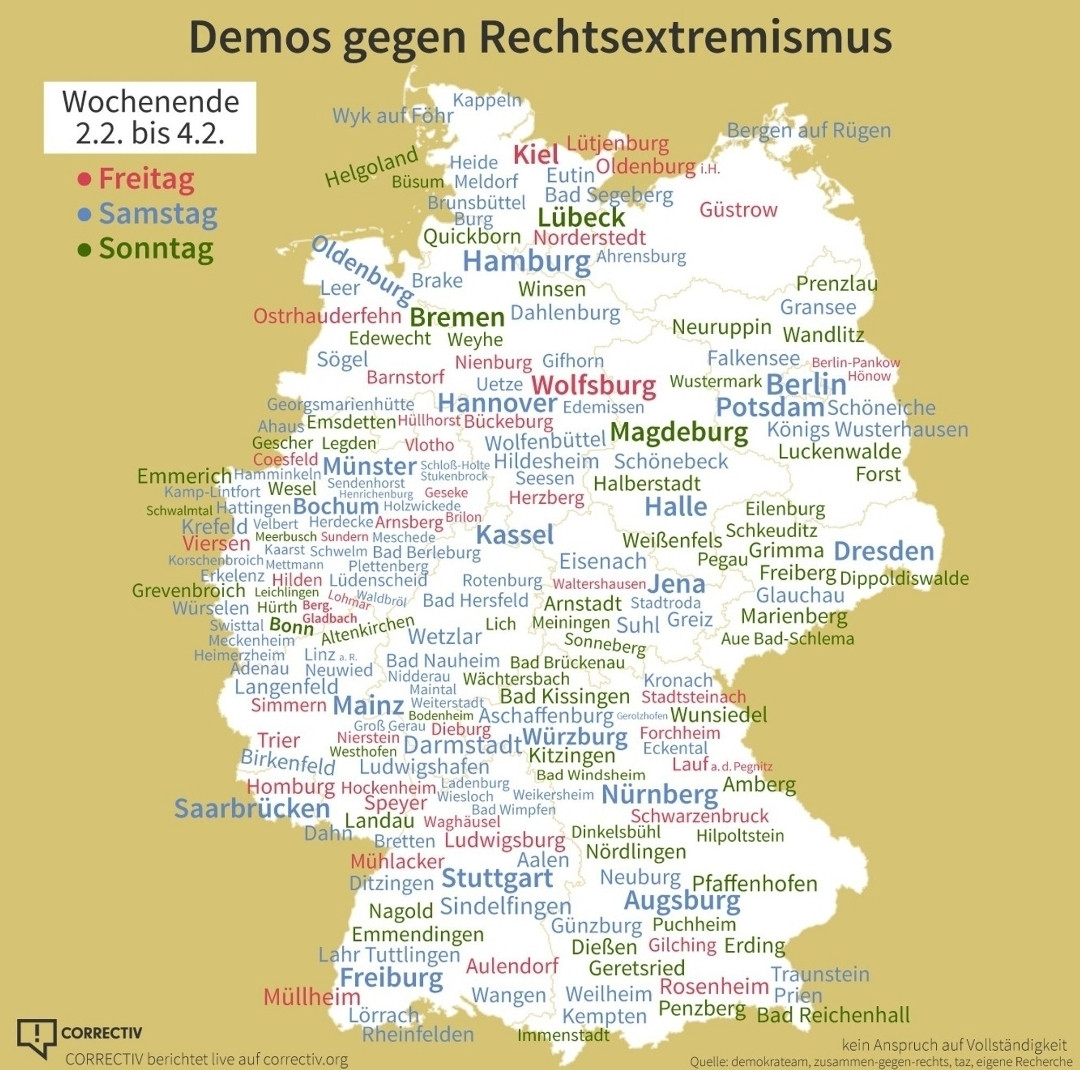 Demos gegen Rechtsextremismus!
Deutschland macht weiter!
Danke Correctiv ❤️
#WirSindDieBrandmauer
#b0302
#StabilgegenRechts 
#rechteWellebrechen
#GemeinsamGegenRechts #LAUTgegenRechts
#noafd 
#DeutschlandStehtAuf 
#NieWieder
#WirSindDieBrandmauer
#wirsindmehr #niewiederfaschismus
@correctiv.org