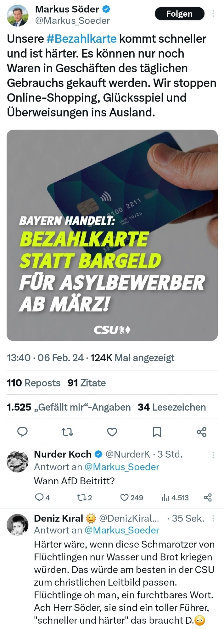 Es wird immer schlimmer in diesem Land. Die AFD hat es geschafft,was sie wollte, der Hass und die Unmenschlichkeit dominiert die politische Linie.
@Markus_Soeder wenn ein Ministerpräsident mit seiner "härte" prahlt.
#Bezahlkarte
#Hass
#noafd
#christlich
#CSU
#Bayern
#fluechtlinge