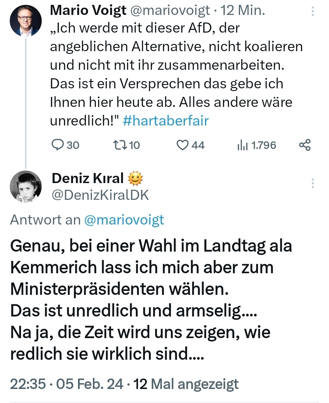 Genau, bei einer Wahl im Landtag ala Kemmerich lass ich mich aber zum Ministerpräsidenten wählen. 
Das ist unredlich und armselig....
Na ja, die Zeit wird uns zeigen, wie redlich sie wirklich sind....
#hartaberfair
#BrandmauerGegenRechts
#noafd