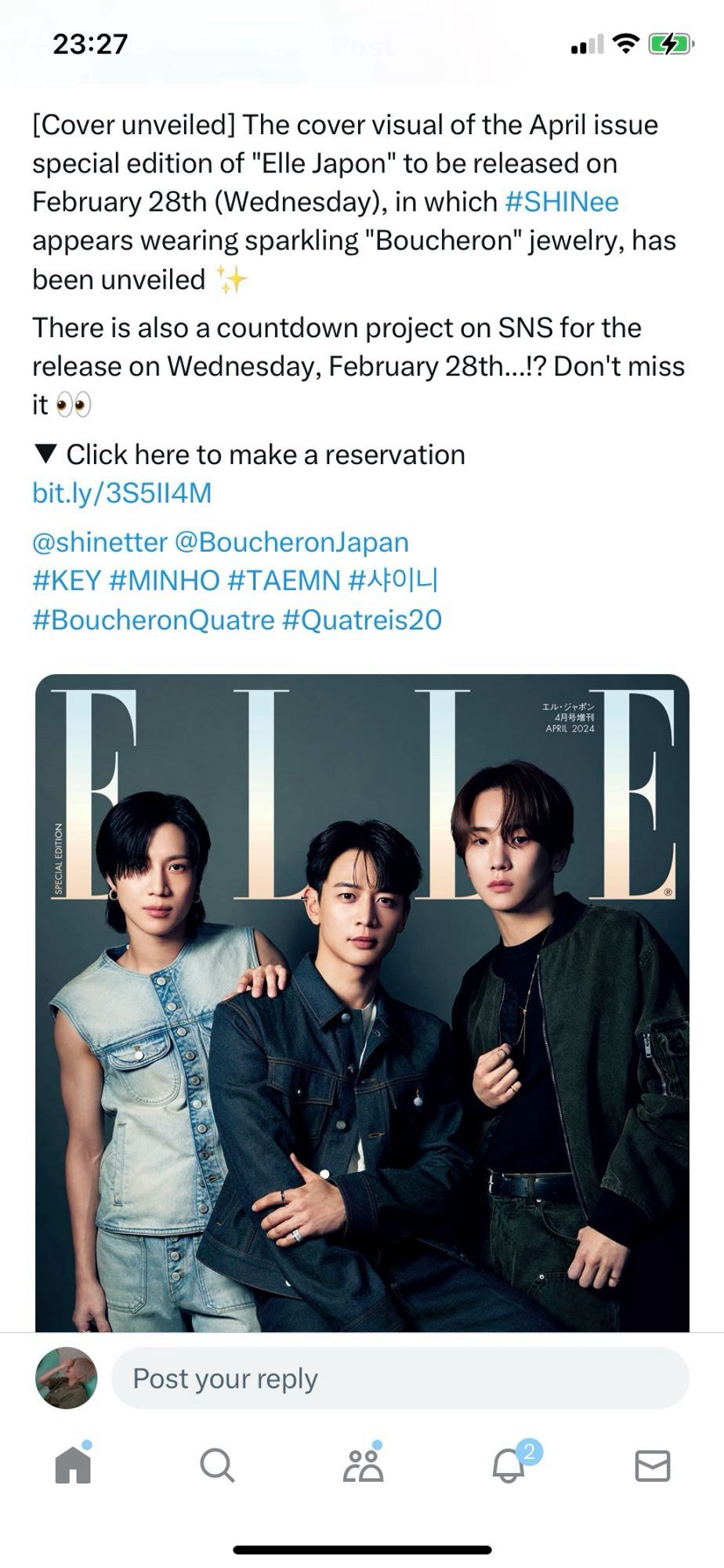 Screen shot of announcement of SHINee group Elle Japan cover photoshoot April 2024 issue. Text in ss:

[Cover unveiled] The cover visual of the April issue special edition of "Elle Japon" to be released on February 28th (Wednesday), in which #SHINee appears wearing sparkling "Boucheron" jewelry, has been unveiled
There is also a countdown project on SNS for the release on Wednesday, February 28th...!? Don't miss
ito
Click here to make a reservation
bit.ly/3S51|4M
@shinetter @BoucheronJapan
#KEY #MINHO #TAEMN #10|-|
#BoucheronQuatre #Quatreis20