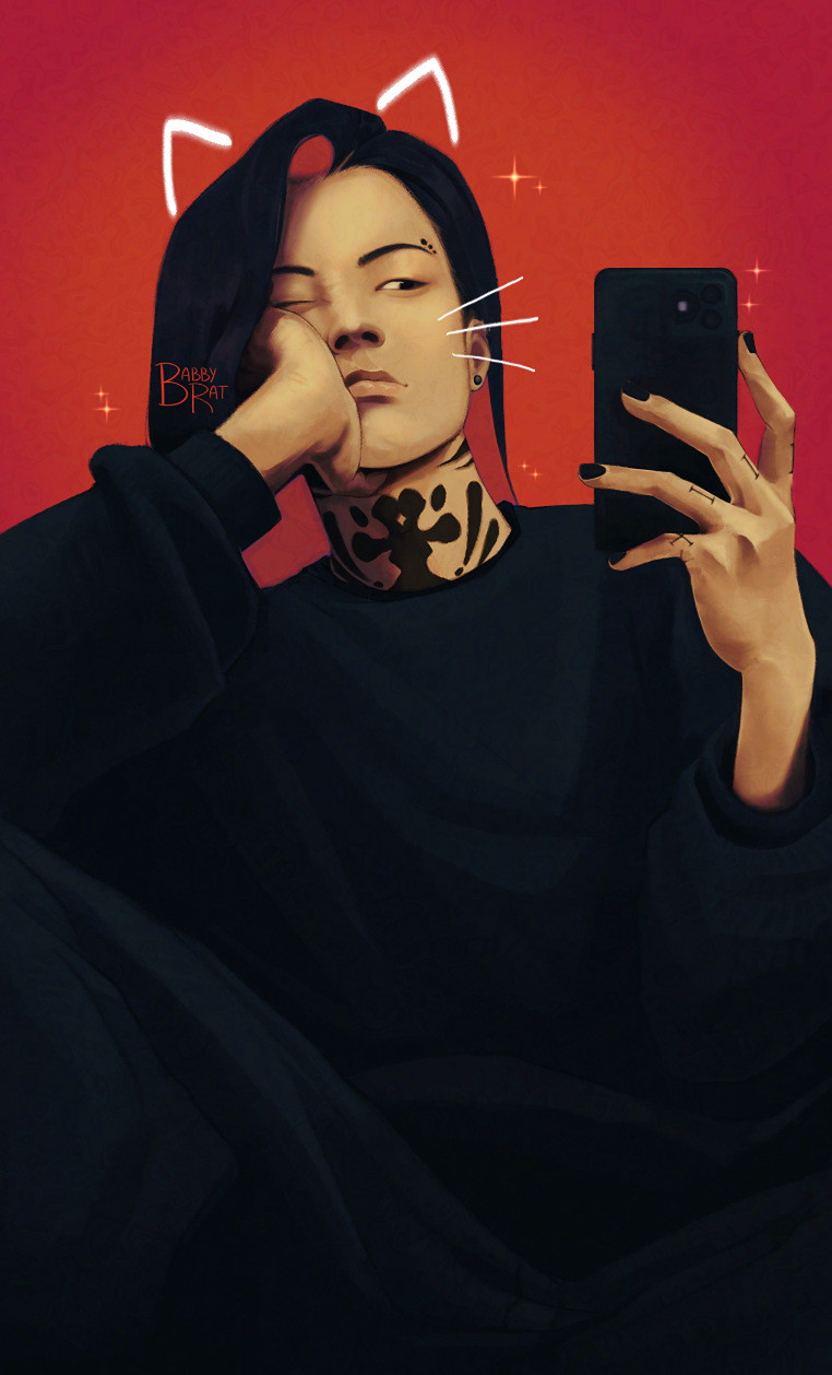 Drawing of a man taking a waist up selfie with his phone. He has one leg up with an arm resting on it, the palm pressing into his cheek. He has long black hair, the underneath of which is red, and has a prominant neck tattoo of a rorschach test. Drawn on top of the portrait are white cat ears and white whiskers.