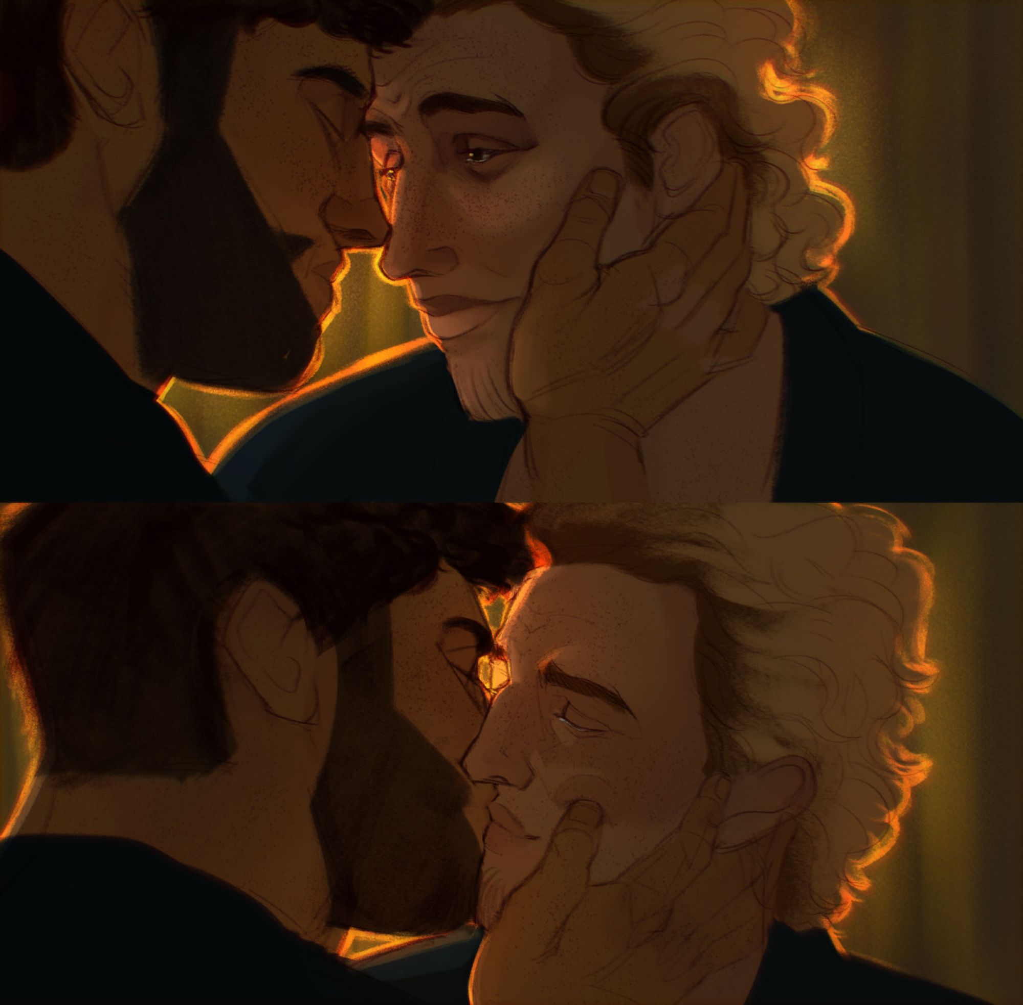 Two consecutive drawings of the same men. The top one their foreheads are pressed together, with the man ont he left holding the man on the right's face. In the bottom drawing they're kissing. They're light brightly from one side.