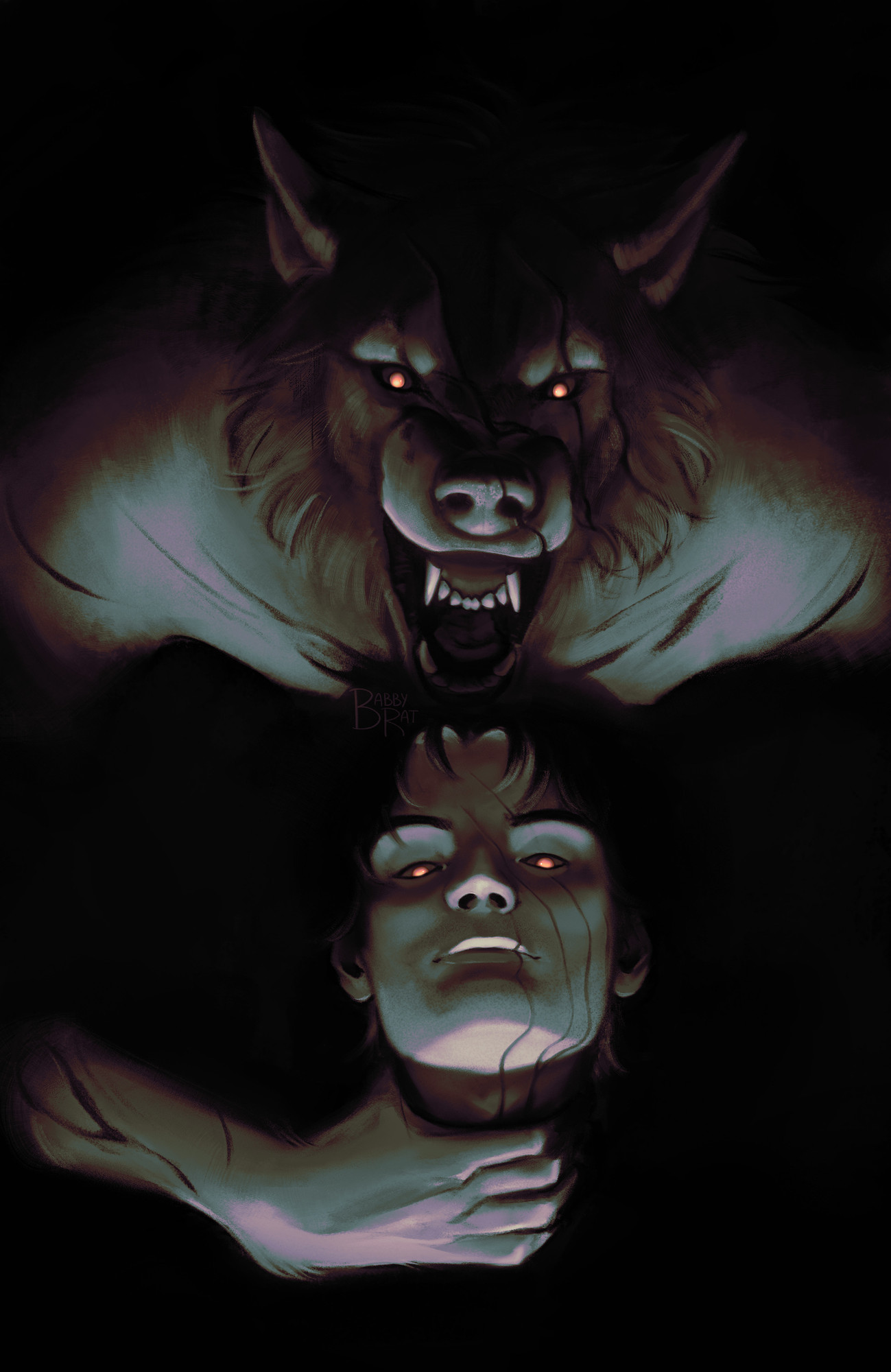 Drawing of a werewolf  coming out of the shadows, holding the neck of a man. The drawing is in greyscale with some minor tones of green and purple, with high contrast lighting coming up from below. Both the man and the werewolf have 4 face scars, and their eyes are glowing orange.