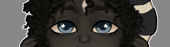 cropped drawing of a fawn fharacter with black curly hair, bright blue eyes, and a black and white hat.