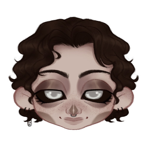 drawing of a chibi face. The character has short, wavy black hair parted in the middle. Their skin is pale with skull-like, semi-opaque markings. The whites of the eyes are black and their irises are white, with one pupil bigger than the other. 