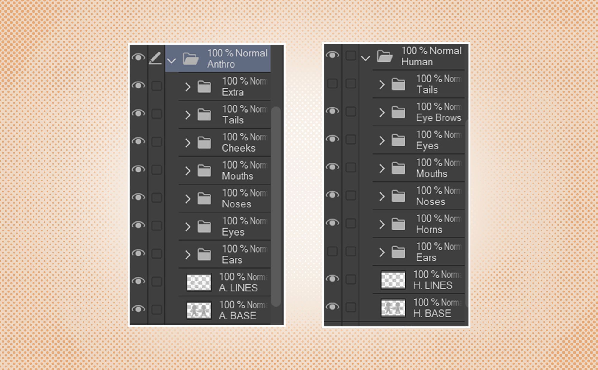 Two screenshots of showing the layer folders for the Anthro and Human chibi bases with folders within them named: Extra, Tails, Cheeks, Mouth, Noses, Ears, Eyebrows, Horns