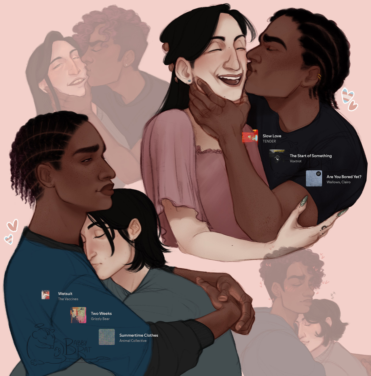 A collage of drawings. At the top left corner is a faded drawing of a person holding someone's face and pressing a kiss to their cheek, in the top right corner is the same pose but opaque. The person whose face is being held is pale and has long black hair, they're smiling/laughing. The person holding their face has darker skin and braided hair, he's smiling as he kisses their cheek. On the bottom left is an opage drawing of two people hugging, and on the bottom left is a faded drawing of the same pose. These are the same people but younger, the man still has braids but now they fade to purple, and the paler person has shorter hair and acne. Overlayed on top of the drawings are 3 spotify song screenshots. From top to bottom: Slow love by TENDER, The Start of Something by Voxtrot, Are You Bored Yet? by Wallos and Clairo, Wetsuit by The Vaccines, Tweo Weeks by Grizzly Bear, and Summertime Clothes by Animal Collective.