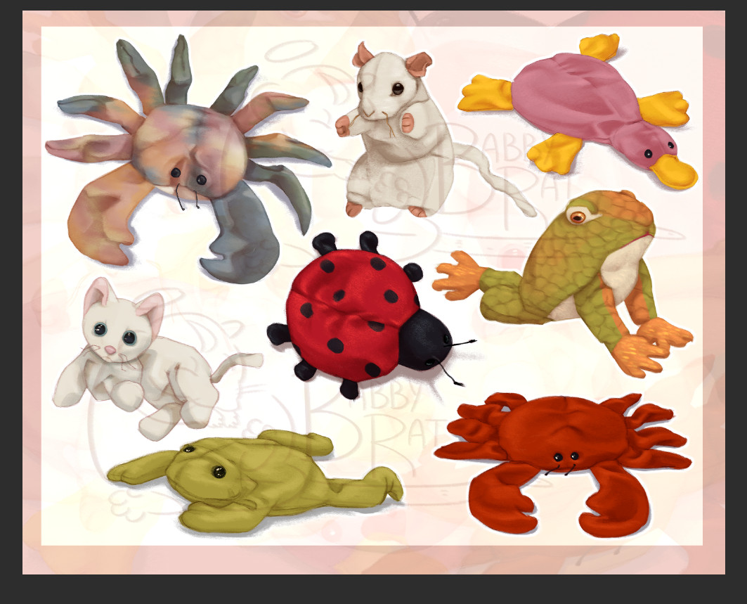 screenshot of a prototype sticker sheet with various beanie babies. From top to bottom, left to right; colourful crab, white rat, pink platapus, white cat, lady bug, green and orange toad, green frog, red crab