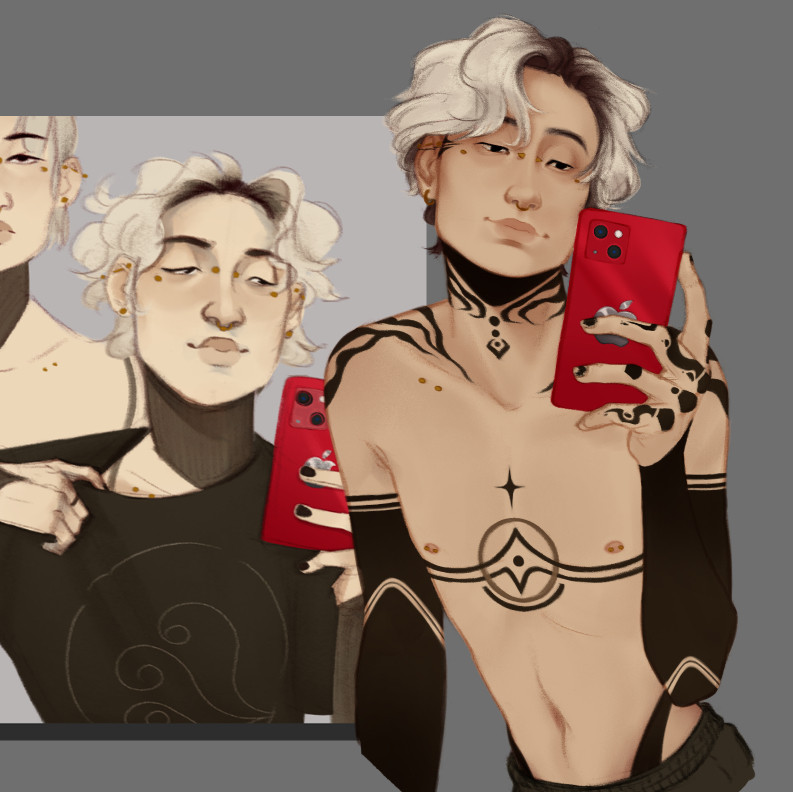 Two drawings of the same character on a grey background. On the left they're looking down at a red iphone, taking a selfie while wearing a shirt. One of their hands is pulling the collar of hte shirt down to show theri collar bone. On the right is a redrawn version where they're shirtless, taking a selfie with a red iphone. They're covered in various tattoos. 