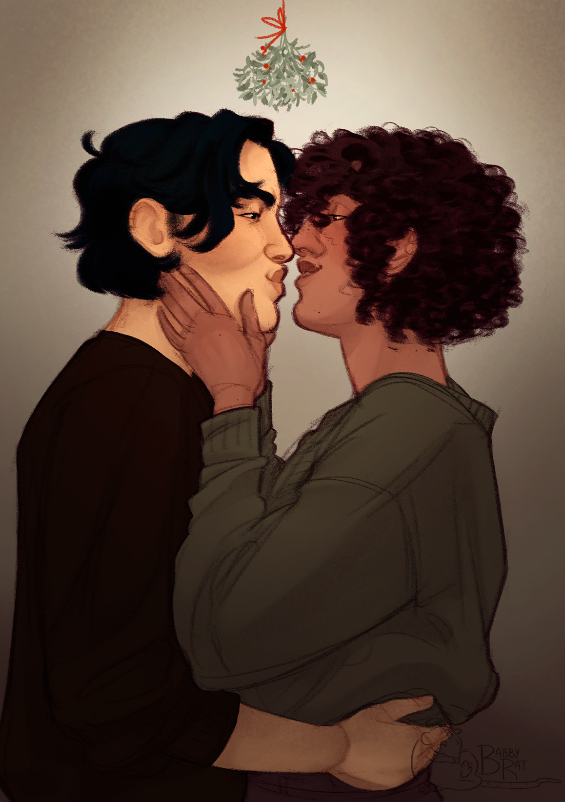 Drawing of two people under a mistletoe about to kiss. The person on the left has short, cropped black hair and is wearing a black shirt, his lips are puckered. The person on the right has brown, curle hair and is wearing a green sweater. He's holding the other person's face and is smiling.