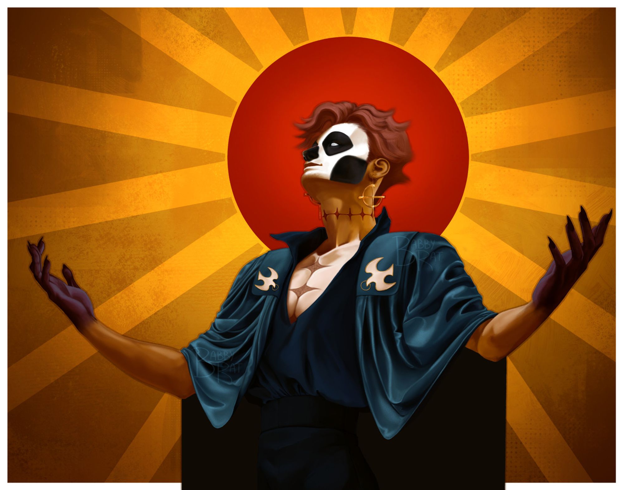 Drawing of a person with skull facepain, wearing a black silk cloak, black shirt, and black pants stands in front of a golden background with a red sun behind their head, beams extending from it. The person has their arms held out, palms up. It's looking up and away from the viewer, leaving its neck exposed, showing off red, diamond shaped scars across it. Down its exposed are 2 distinct diamond shaped scars.