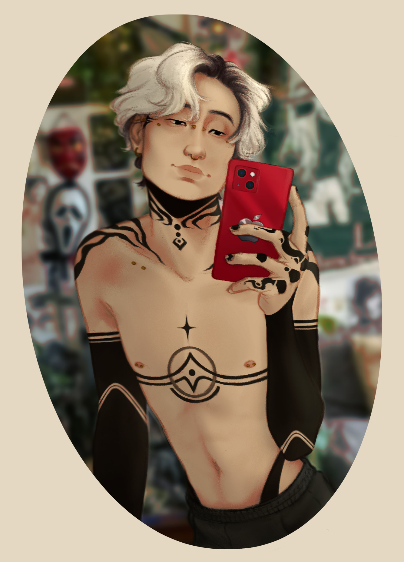 A drawing of a person taking a selfie in an oval shaped mirror with a red iphone. They're shirtless and wearing sweat pants. They have short, platinum hair with the roots showring. They're covered in tattoos, in cluding stripes on their shoulders and neck, black out tattoos on their arms, lines across their chest that meet up in a circle with a start above it, and knuckle tattoos. In the background is a blurry wall of posters and knick knacks.