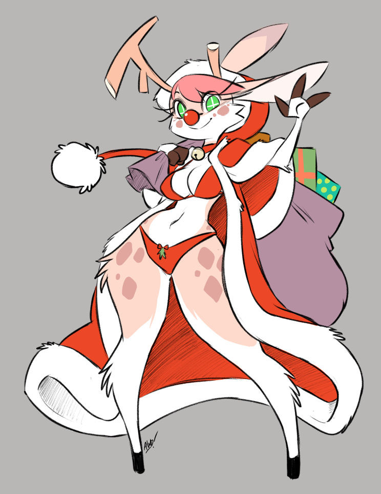 a candy cane colored reindeer girl I designed, holding a sack of presents and dressed in santa claus lingerie for Tshard