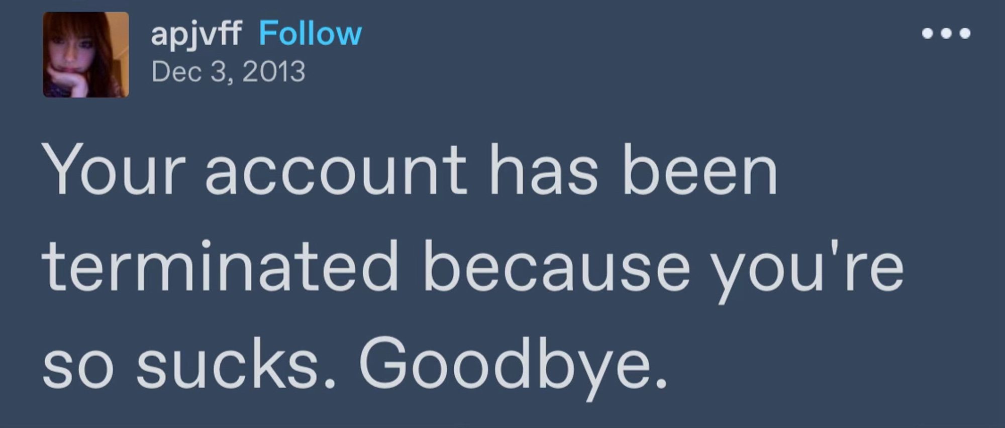 tumblr post

apjvff Follow
Dec 3, 2013
Your account has been terminated because you're so sucks. Goodbye.
.. .