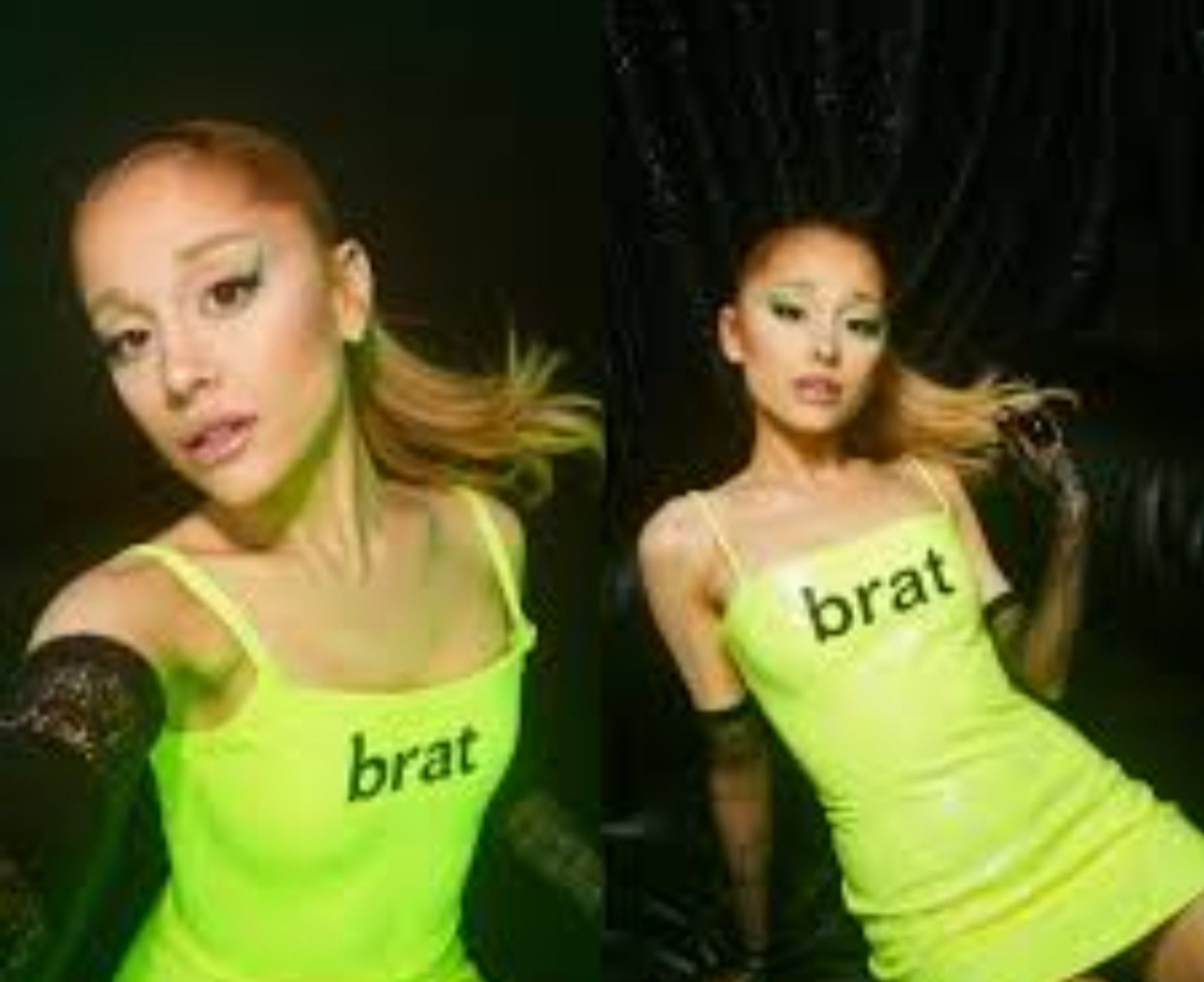 ariana grande vestindo um vestidinho verde brat com brat escrito no peito