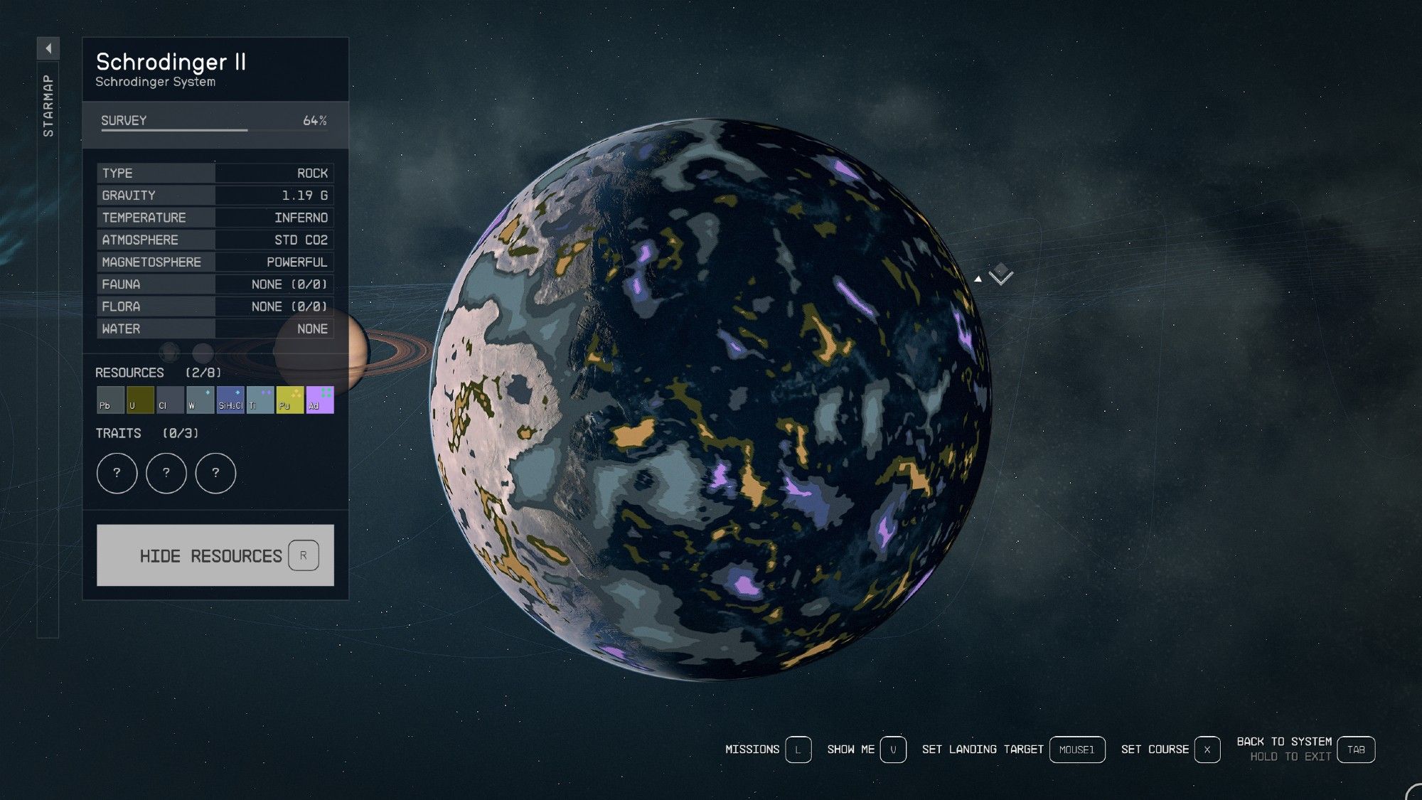 A screenshot from Starfield, depicting the planet Schrodinger II, with colourful highlights of the mineral resources found there.