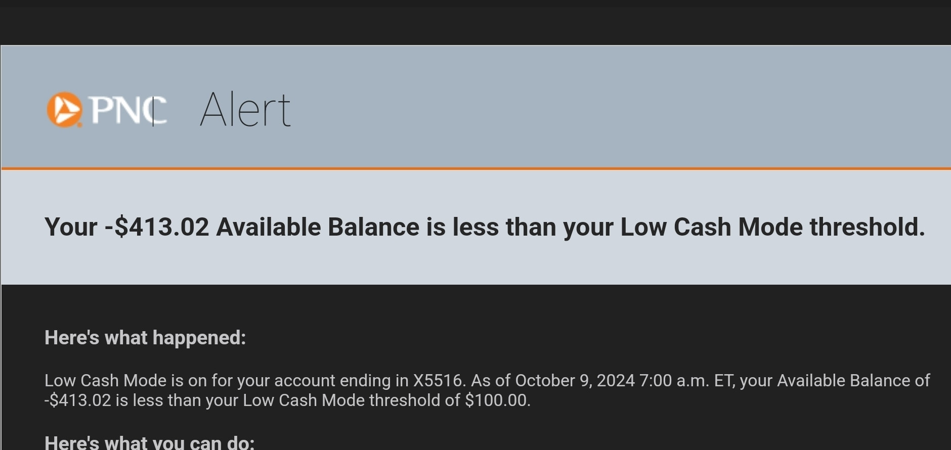 A PNC Alert email stating that my available balance is -$413.02