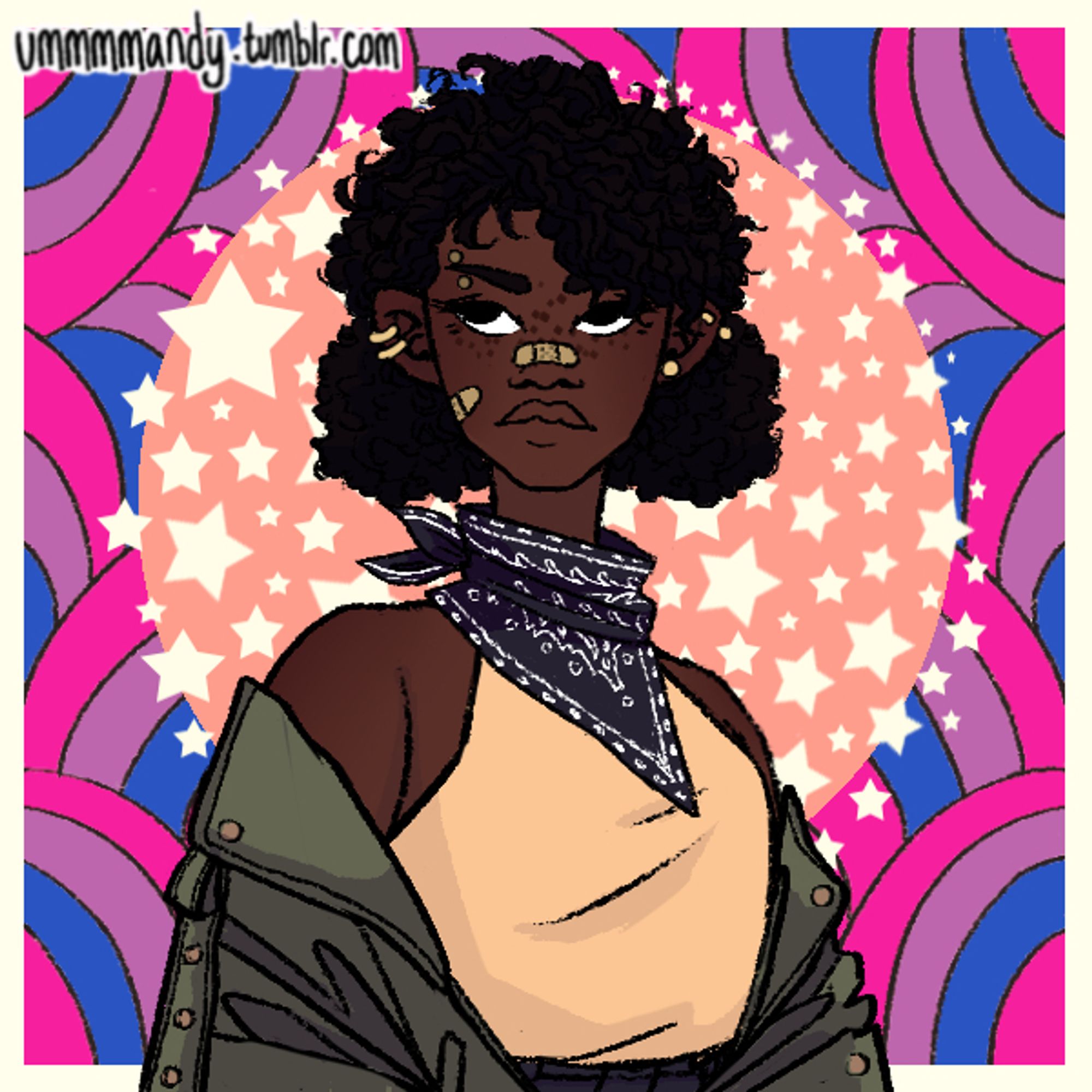 kyla as a young adult. her hair is pulled back in two low puffs, and she has multiple ear/facial piercings. she wears a yellow halter top, a black bandana around her neck, and a green jacket off the shoulders. the background is largely bi pride flag striped.