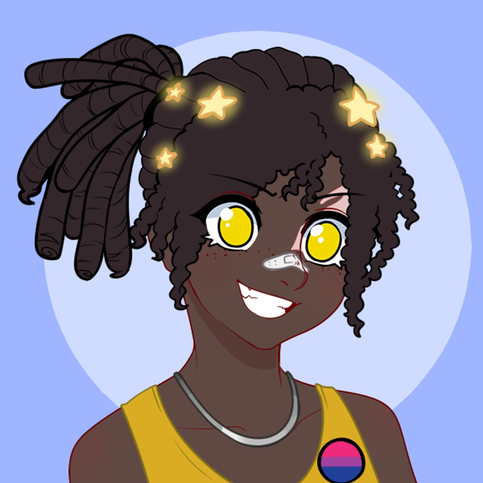 Kyla as a teen. She has golden eyes, dark skin, dreads pulled back in a ponytail, and curly bangs largely hiding a burn around her left eye. she is wearing a yellow tank top with a bi pin on one shoulder strap