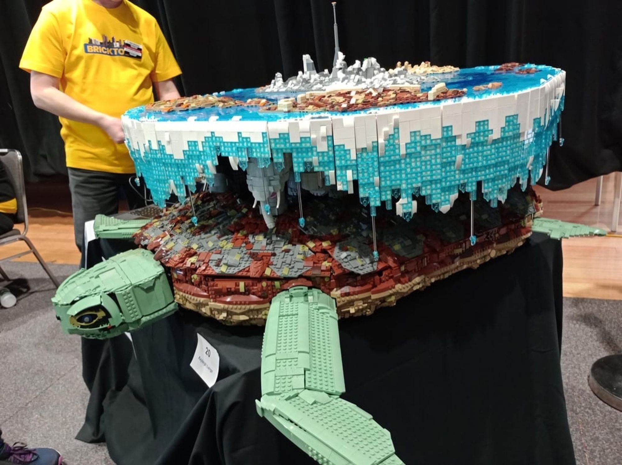 A Lego sculpture of the Great A'tuin carrying the Discworld, approximately two meters in circumference and about 0.75 or 0.8 m thick