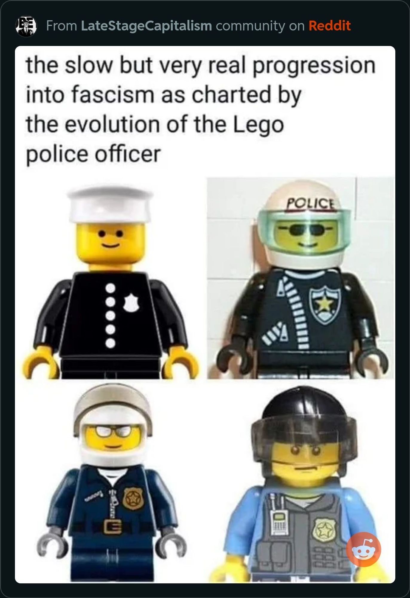 The slow but very real progression into fascism as charted by the evolution of the Lego police officer