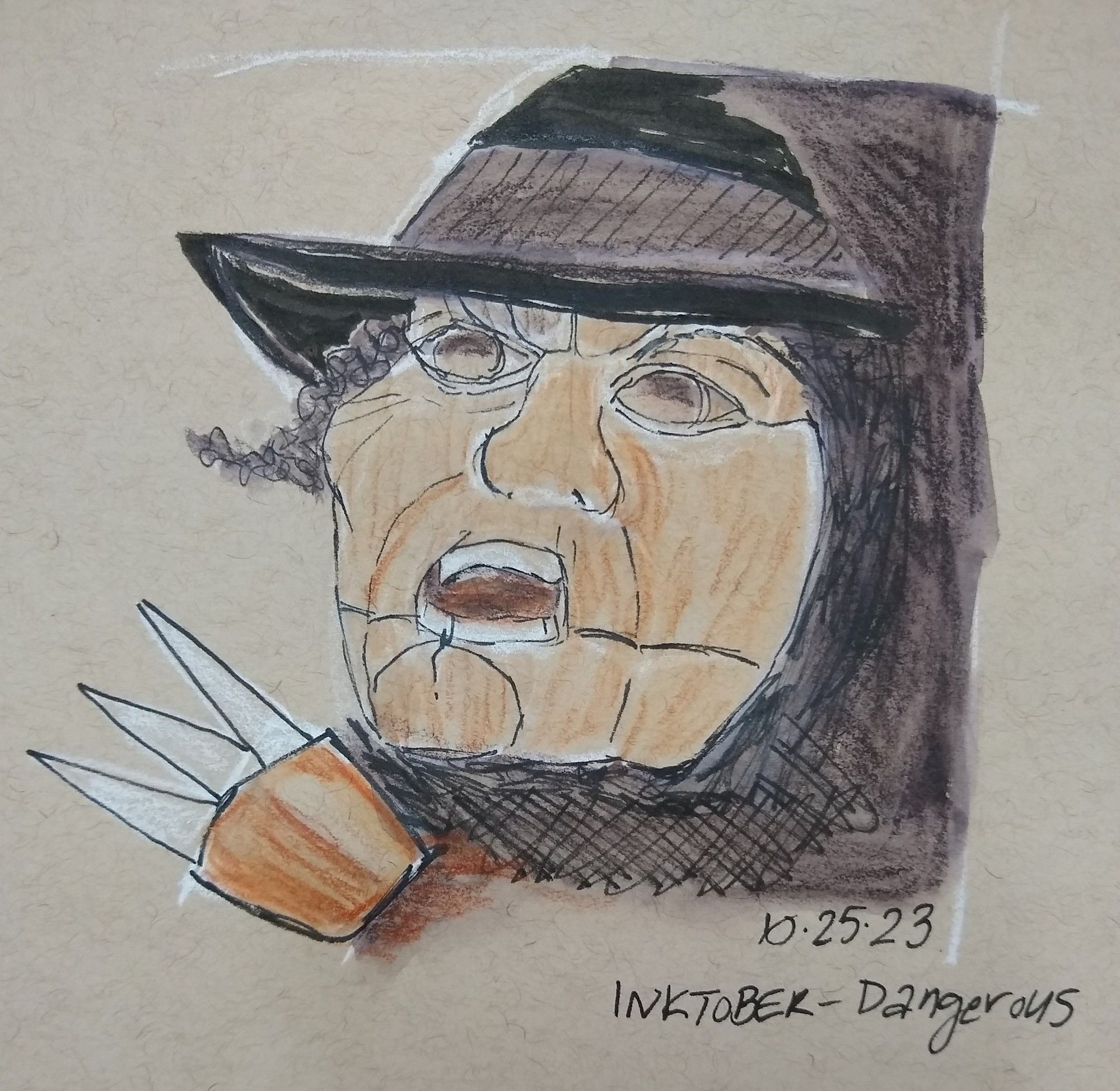 A drawing of the face and hand of the puppet Blade, done on tan paper with brown watercolor pencils and black ink. White highlights are pencil.