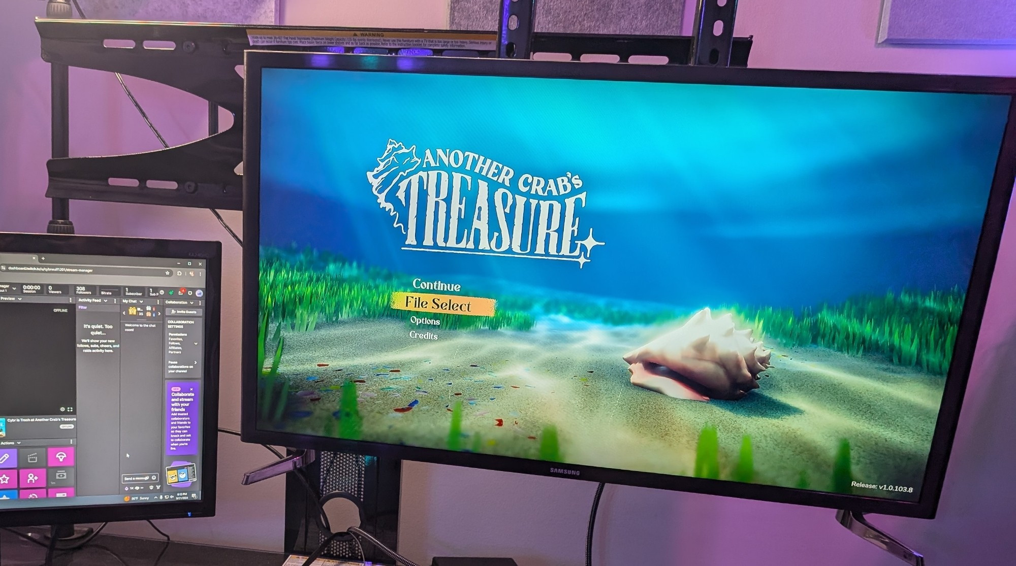 Twitch recording setup displaying Another Crab's Treasure starting screen