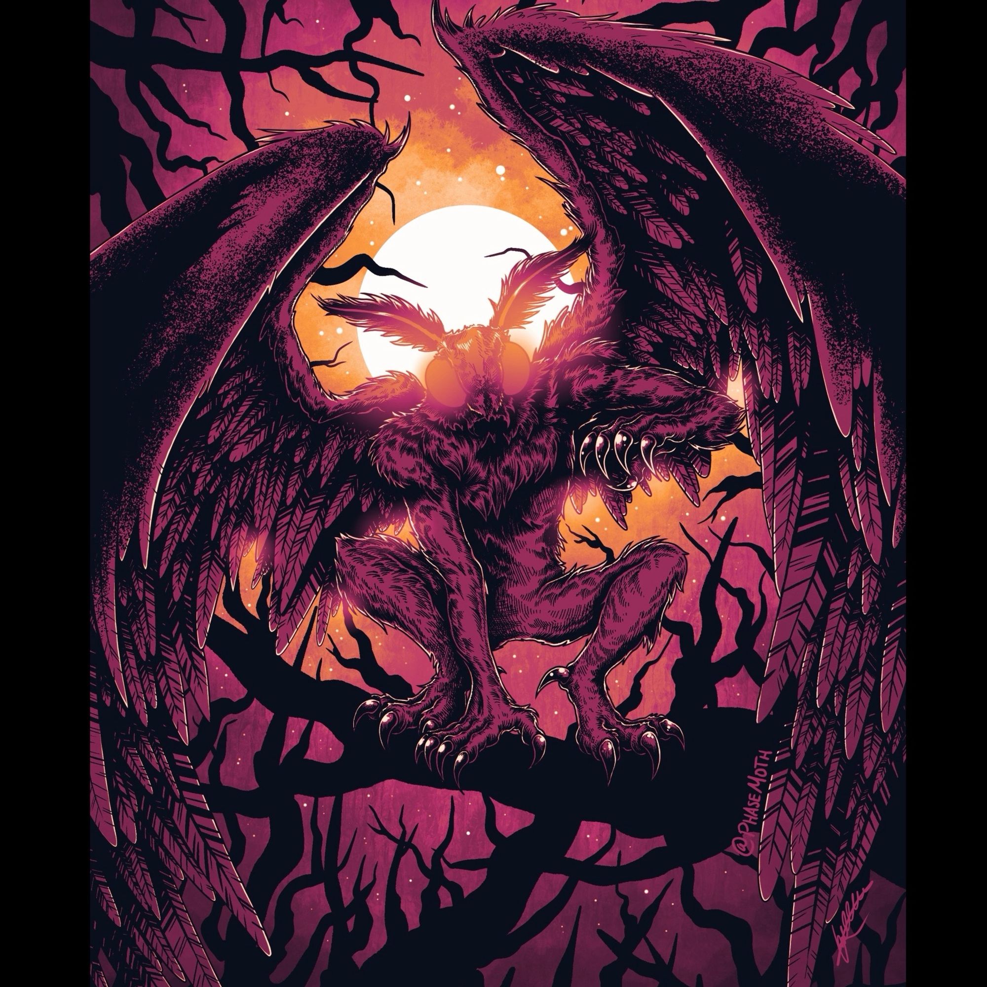 A digital illustration of Mothman hiding in some trees with the moon behind him. The piece has a magenta, black and orange colour pallet.