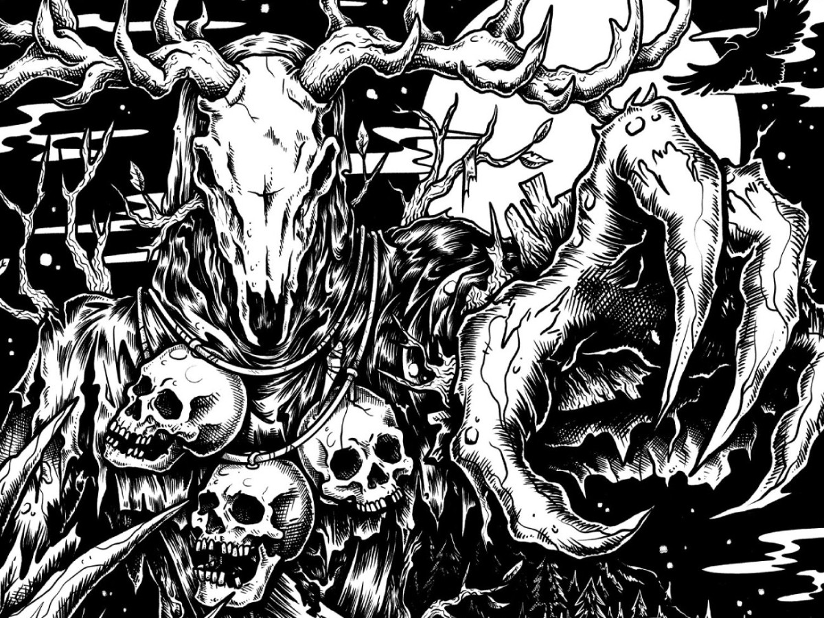 A monochrome illustration of a Leshen. It is holding out it left arm and clawed hand towards the viewer, and has large antlers and a deer skull head. It is also wearing a necklace of bones and human skulls around its neck. 