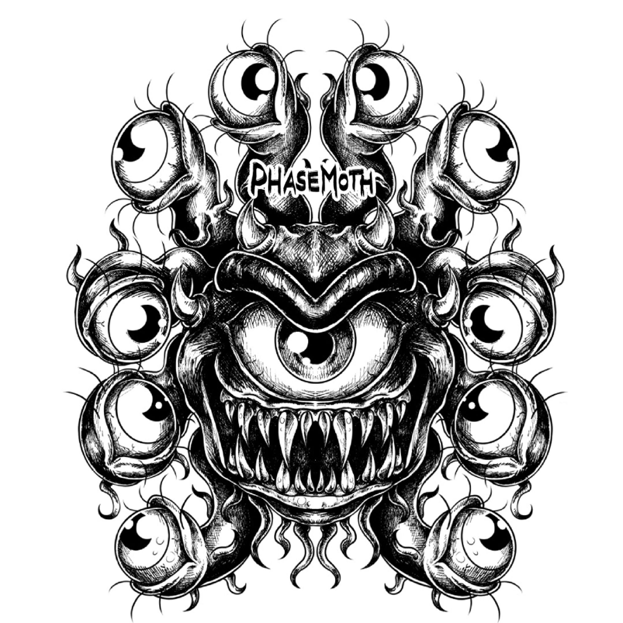 A digital illustration of a slightly cuter version of a Beholder. It's eyestalks are quite chunky, and it's eyes are large. The entire illustration is symmetrical and in black and white.