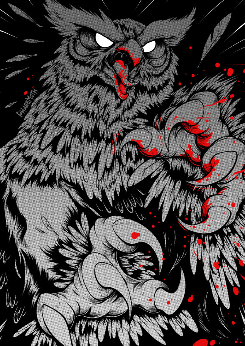 A digital illustration of an Owlbear. It's holding out its large claws, swiping in front of it. The entire piece is in black and white, except for it's claws and beak which have red blood dripping off them. 